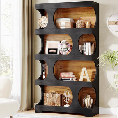 71" Tall Bookcase, 4-Tier S-Shaped Bookshelf, Wood Decorative Storage Shelving
