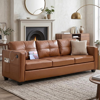 88" Brown Faux Leather Couch, 3 Seater Sofa with USB and Side Pockets