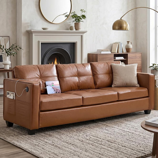 88" Brown Faux Leather Couch, 3 Seater Sofa with USB and Side Pockets