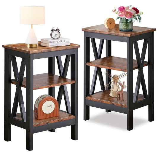 End Side Table Night Stand Set Of 2,X-Design with Storage Shelf for Bedroom,Living Room,Brown