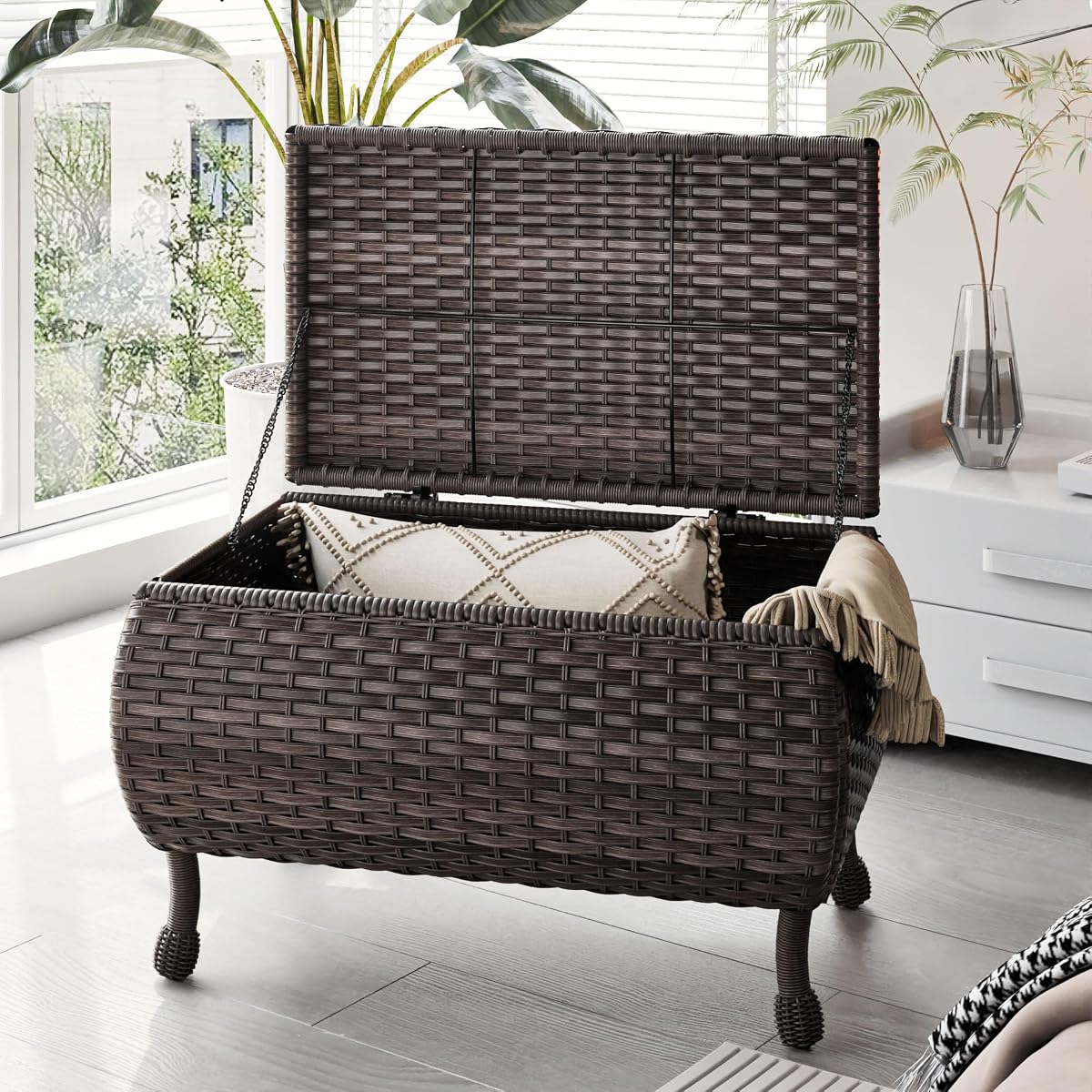 Outdoor Storage Table Patio Coffee Table All Weather Wicker Side Table with Storage Room Rattan Furniture for Toys and Garden Tools