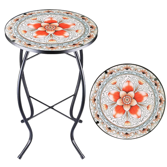 Small glass mosaic outdoor side table with pink flower design