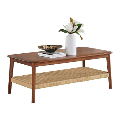 Calais 48 Inch Rectangular Solid Wood Coffee Table with Woven Storage Shelf – Mid Century Modern 2-Tier Living Room Table (Chestnut)