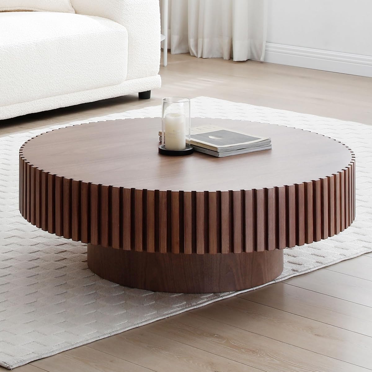 31.49" Walnut Coffee Table Round Wood, Modern Unique Fluted Tea Table, Contemporary Drum Circle Accent Center Table for Living Room, Small Space, Apartment