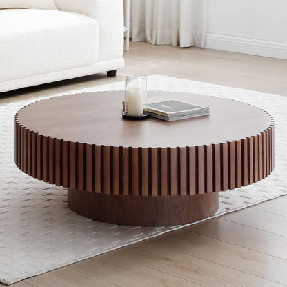 31.49" Walnut Coffee Table Round Wood, Modern Unique Fluted Tea Table, Contemporary Drum Circle Accent Center Table for Living Room, Small Space, Apartment