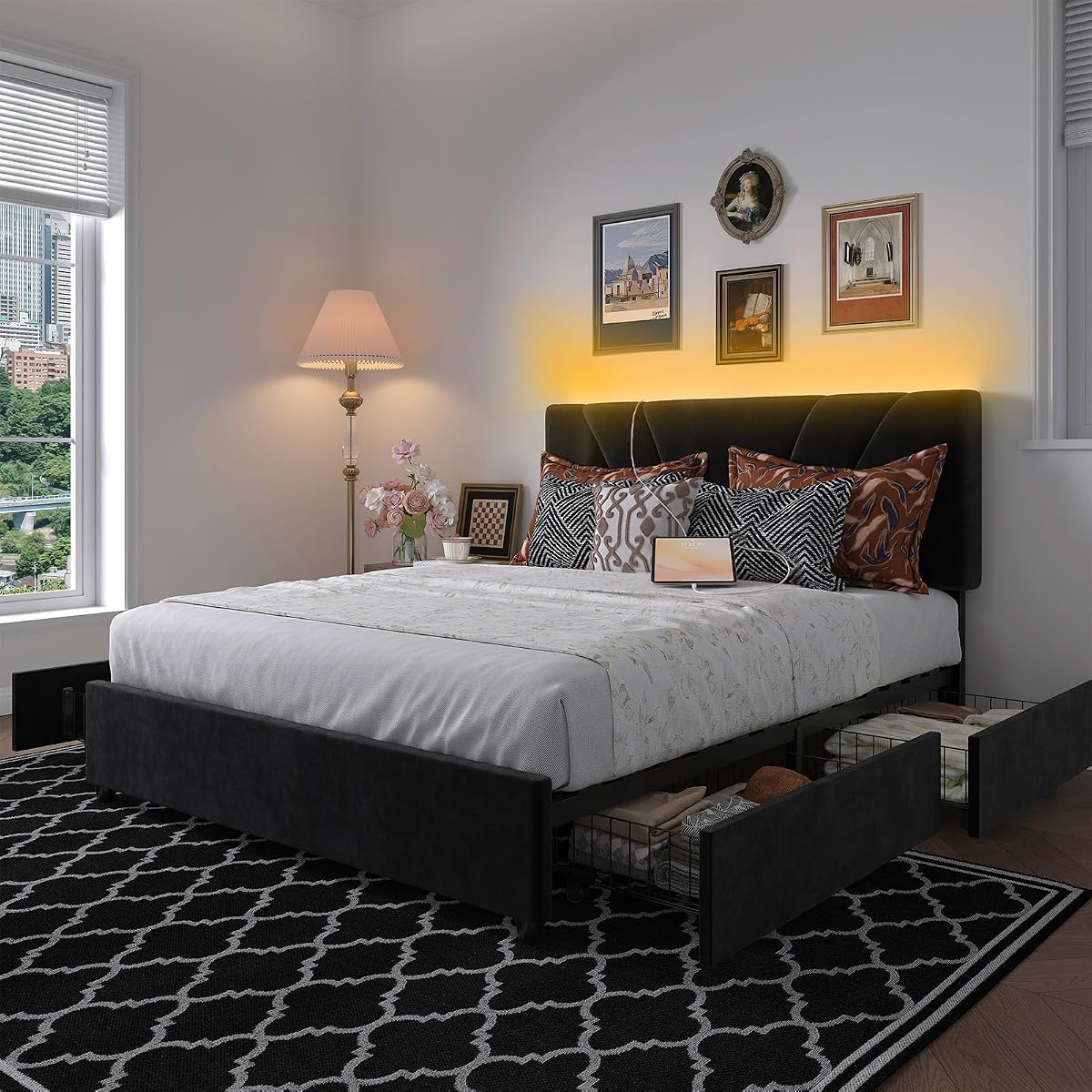 Queen Bed Frame with Drawers/Charging Station/LED Light, Black