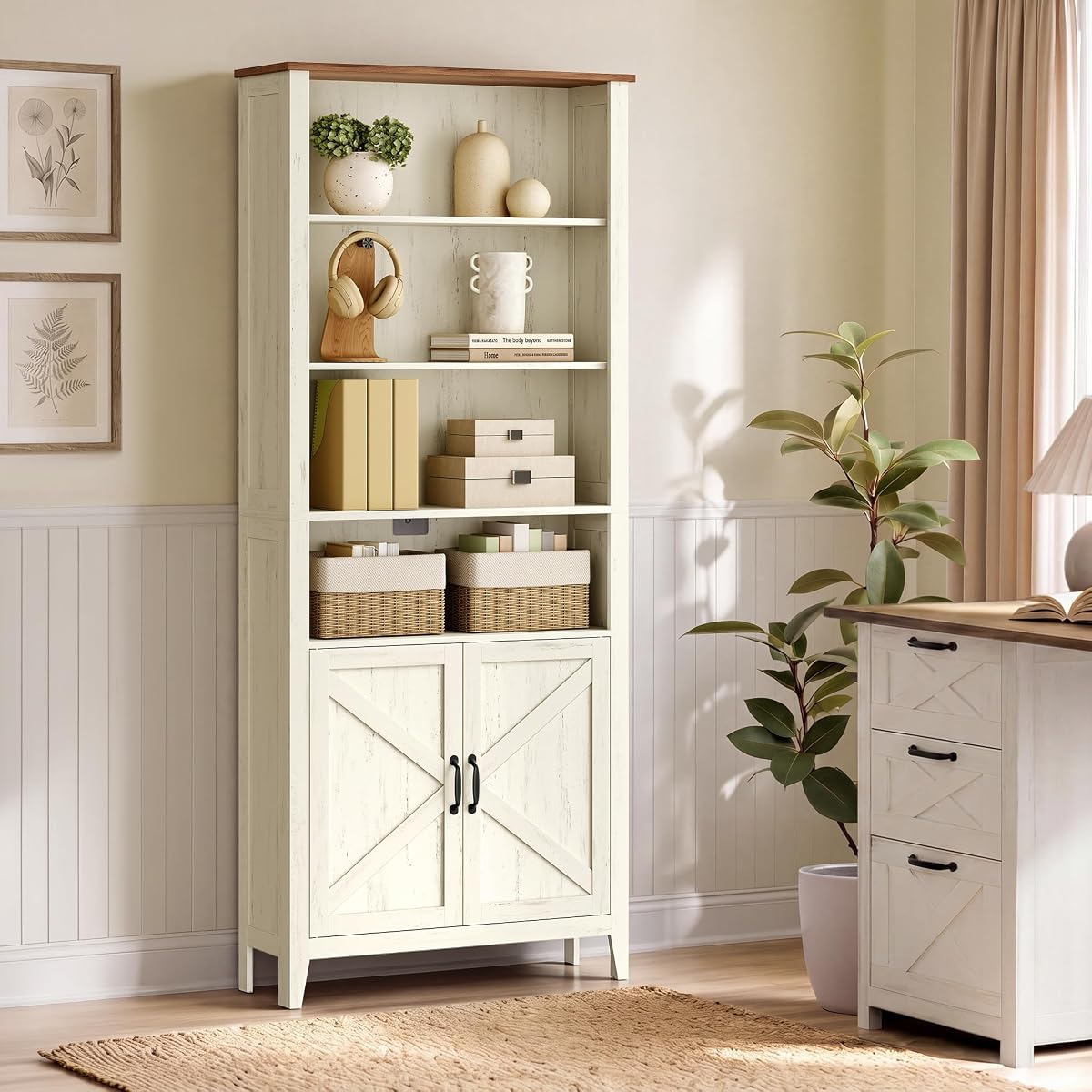Liry Collection Farmhouse Bookshelf, 6-Tier Bookcase with Doors, Storage Cabinets, 24.8 x 10 x 70.7 inch, for Home Office, Living Room, Cloud White and Warm Brown ULBC134W101S