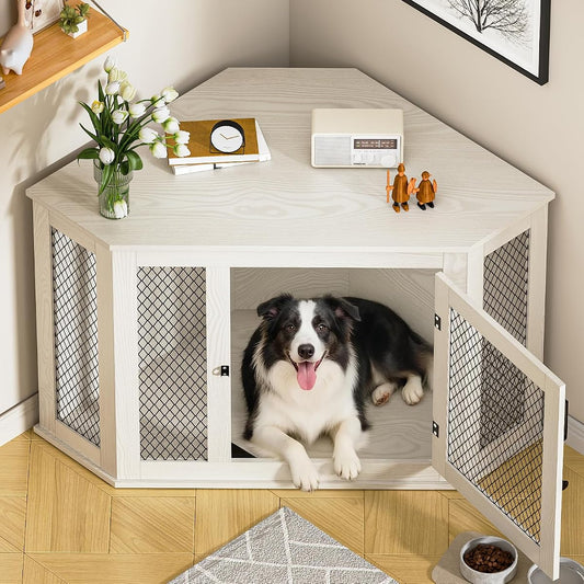 Corner Dog Crate, Wooden Furniture‑Style Crate for S/M & L‑Size Dogs
