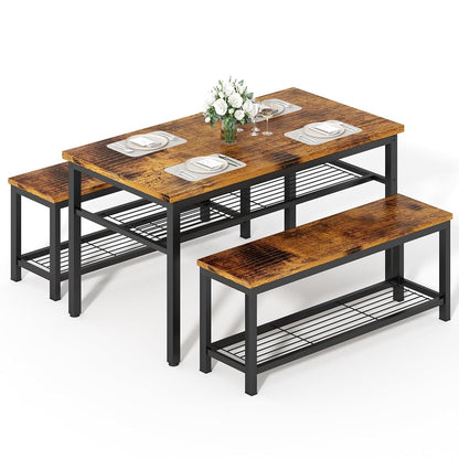 3-Piece Dining Table Set, Industrial Kitchen Table and Chairs Set for 4, Dining Table and 2 Benches with Storage Shelf, Dining Table Set for Dining Room Kitchen, Rustic Brown