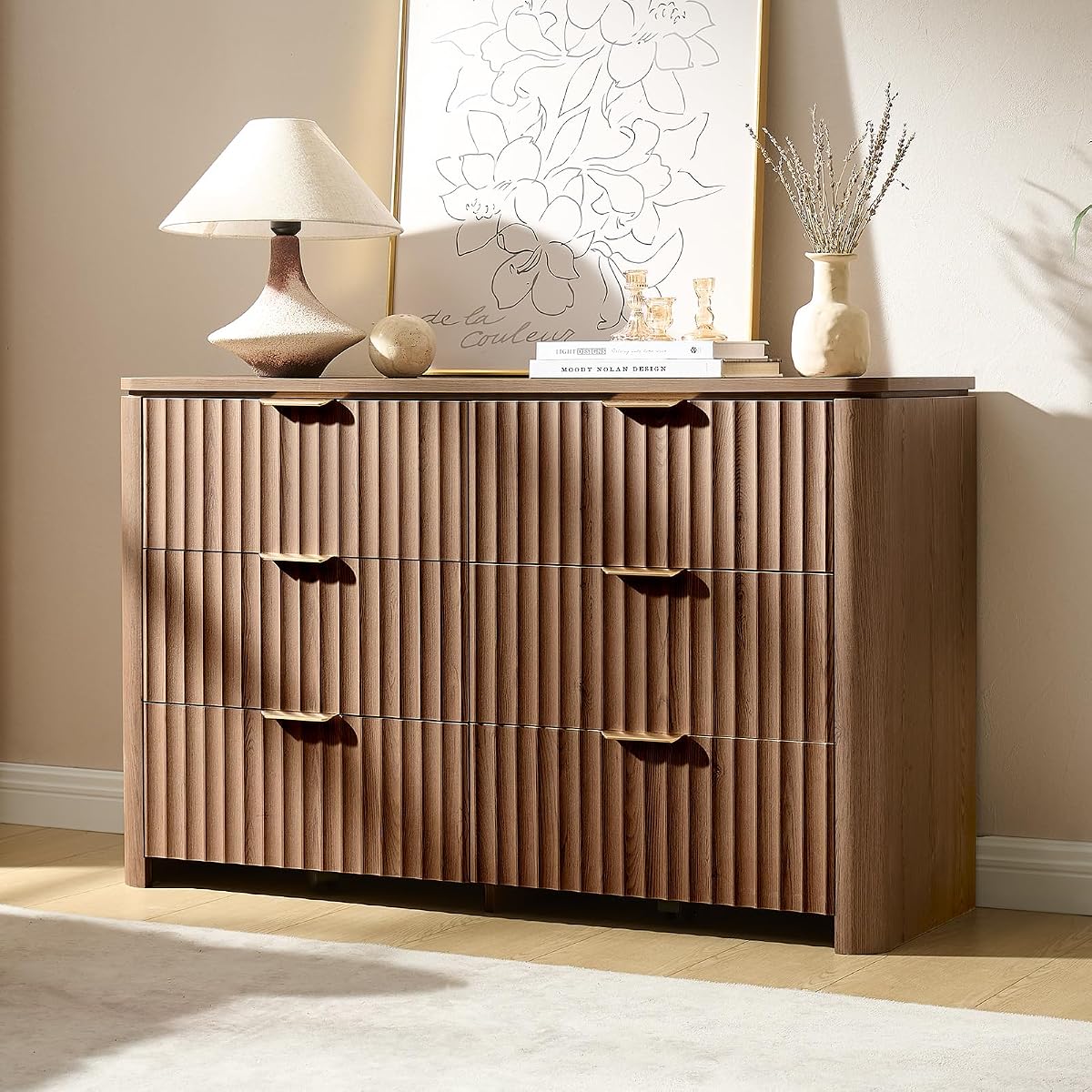 Fluted 6 Drawers Dresser for Bedroom-47.3" Wide Wooden Chest of Drawers