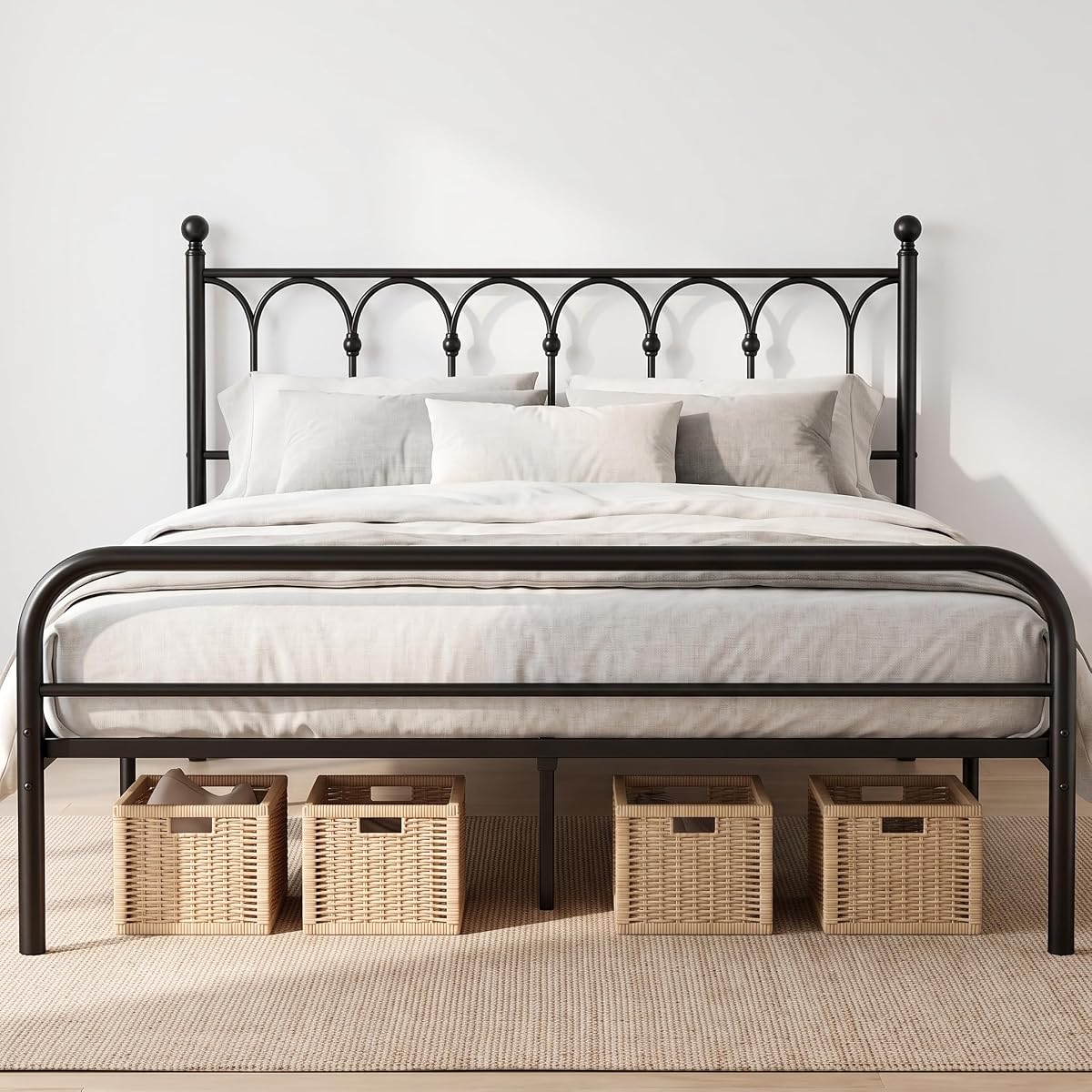 Full Metal Bed Frame with Headboard, 11.9" Storage, Black