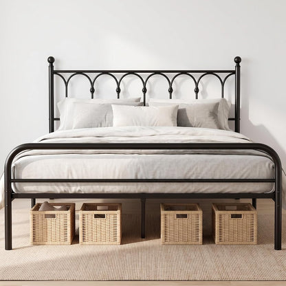 Full Metal Bed Frame with Headboard, 11.9" Storage, Black