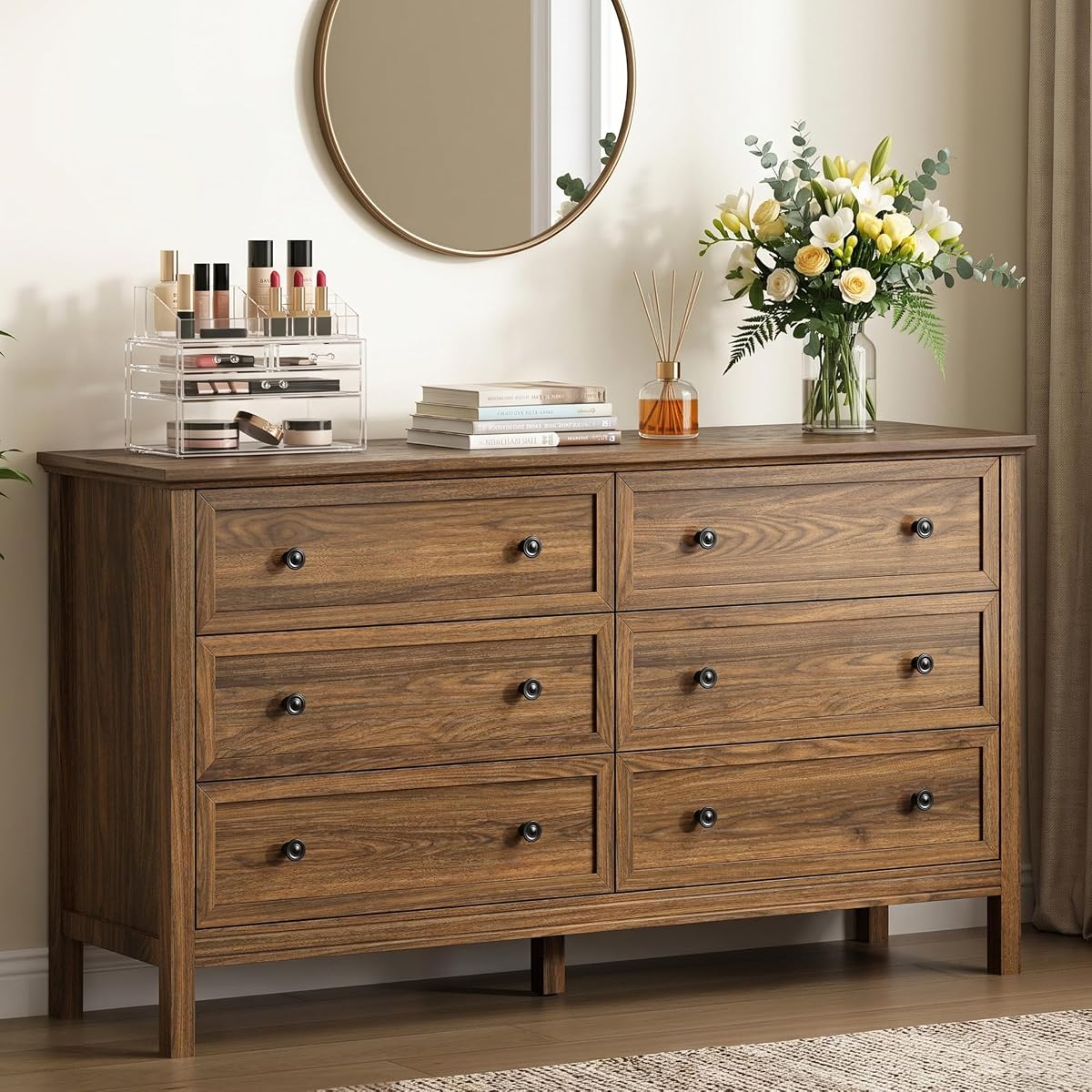 Walnut 6 Drawer Dresser for Bedroom, 55" Wood Chests of Drawers for Hallway