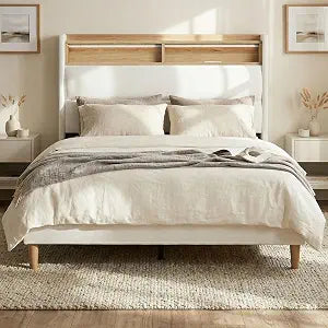 Queen Bed Frame with 51.8" Wingback Bookcase Storage Headboard, Cream Beige Upholstered Platform Bed with Charging Station (Type-C) & LED Lights, No Box Spring Needed, Cream Aesthetic