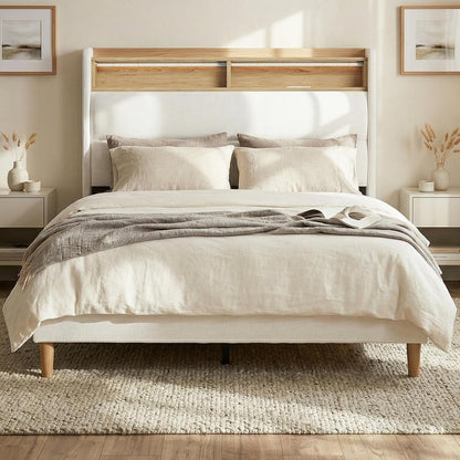 Queen Bed Frame with 51.8" Wingback Bookcase Storage Headboard, Cream Beige Upholstered Platform Bed with Charging Station (Type-C) & LED Lights, No Box Spring Needed, Cream Aesthetic