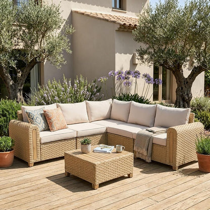 6-Piece Patio Wicker Modular Sectional Set with Acacia Wood Accents