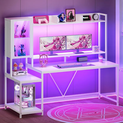 60'' Gaming Desk with Storage, Hutch, Display Cabinet and LED Lights