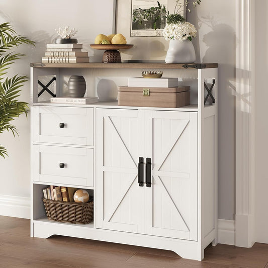 Farmhouse Storage Cabinet with Drawers and Open Storage,Freestanding Kitchen Pantry with 2 Barn Doors, Floor Cabinet with Adjustable Shelf for Living Room,White
