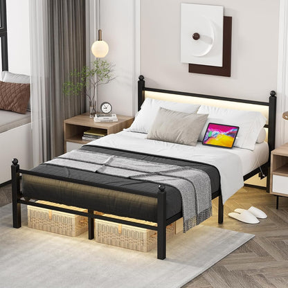 Full Size Bed Frame with Charging Station & LED Lights