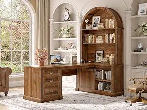 67" L Shaped Desk with Tall Arched Bookshelf & 3 Drawers Storage, view 2