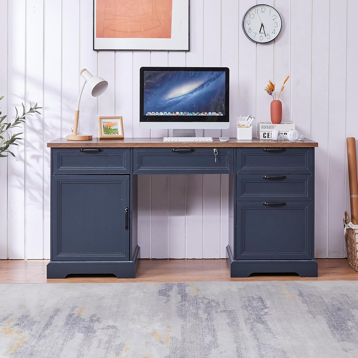 60" Farmhouse Executive Desk with Charging Station,Home Office Desk with 4 Drawers & 1 Cabinet&1 File Cabinet,Main Drawer with Lock,Wood Desk for Office and Home