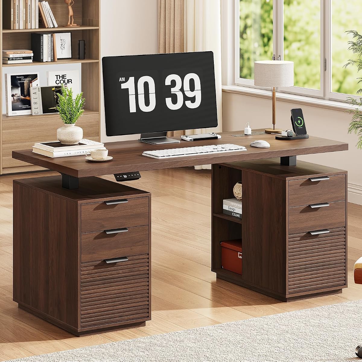 63" Electric Standing Desk with 6 Drawers,Storage Shelves,Walnut