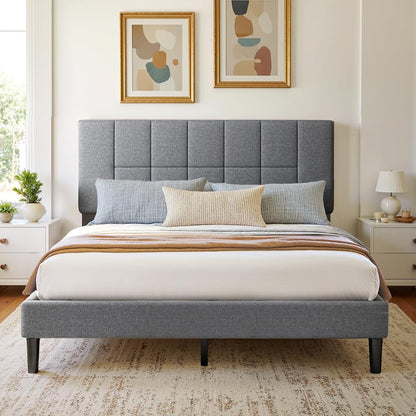 Upholstered Queen Bed Frame with Headboard, Modern Bed Frame, Gray