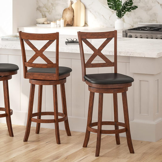 Sora Crossback Swivel Bar Height Stool - Antique Oak Finish - 30" H Padded Black Faux Leather Seat - 360° Swivel - Integrated Footrest