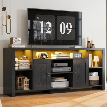 TV Stand for TVs 80 inch with LED Lights & Power Outlet, Entertainment Center with Cabinets, Adjustable Shelves and Open Shelves, Modern Media TV Console Living Room, Black