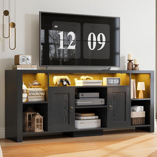 TV Stand for TVs 80 inch with LED Lights & Power Outlet, Entertainment Center with Cabinets, Adjustable Shelves and Open Shelves, Modern Media TV Console Living Room, Black