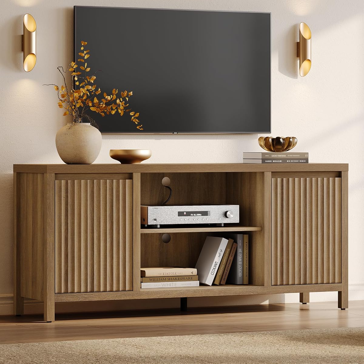 Fluted TV Stand for 55 65 inch TV, Wood TV Consoles for Living Room