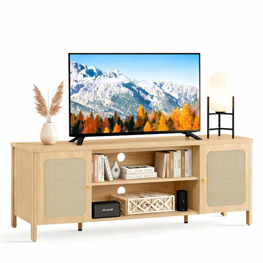 Rattan TV Stand for TVs up to 75'' Boho Entertainment Center with Adjustable