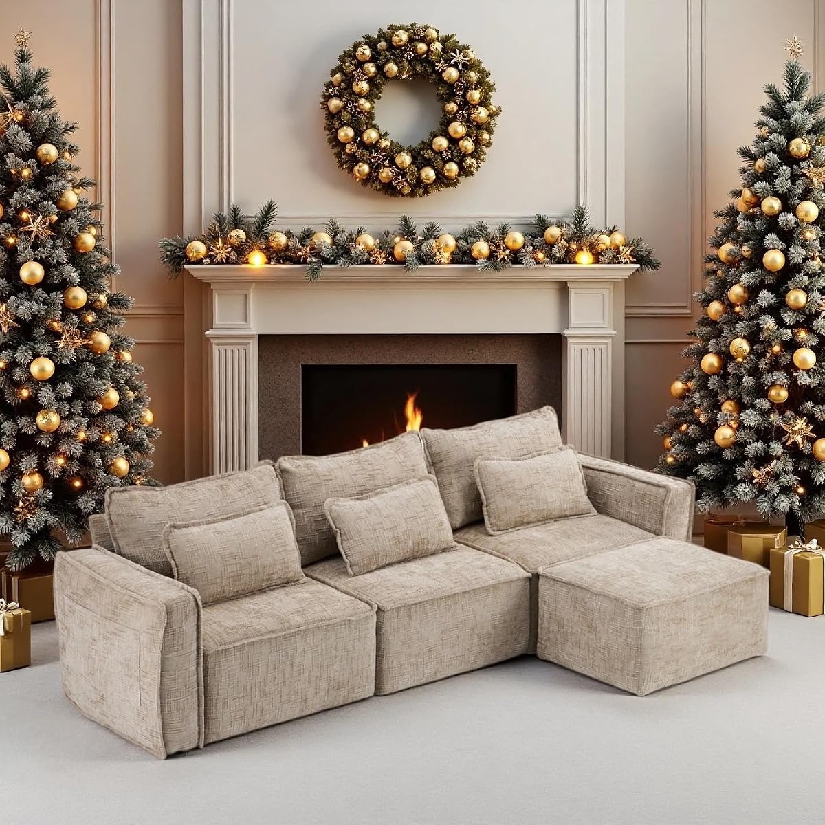 111" Convertible Modular Sectional Sofa,Comfortable L Shaped Reversible Couch with Ottoman, Removable 3 Seater Boneless Modern Couch, Durable Chenille Cloud Sofa for Living Room,Khaki