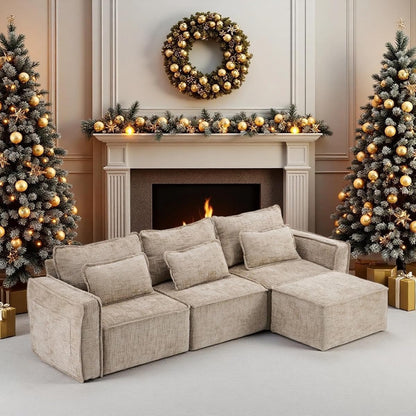 111" Convertible Modular Sectional Sofa,Comfortable L Shaped Reversible Couch with Ottoman, Removable 3 Seater Boneless Modern Couch, Durable Chenille Cloud Sofa for Living Room,Khaki
