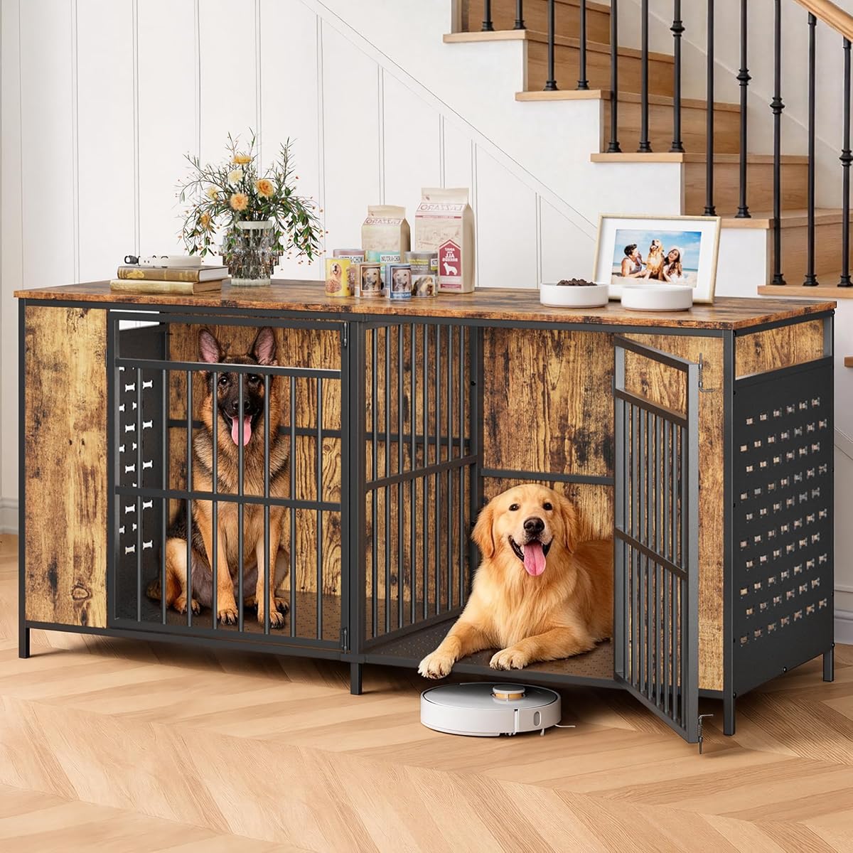 Dog Kennel Furniture for 2 Dogs – 63" Large Cage Extra Sturdy XXL Metal &