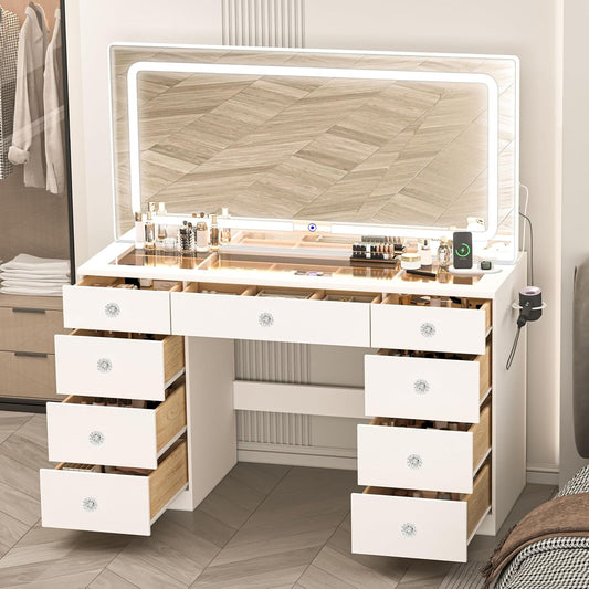 46 INCH Makeup Vanity Desk with Mirror, Glass Tabletop Vanity Table with Lights