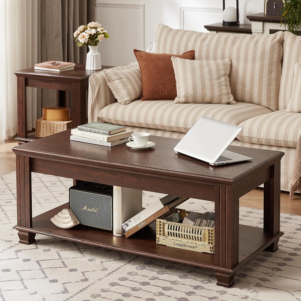 Farmhouse Coffee Tables for Living Room,Square Living Room Tables with Open Storage Shelf,Large Modern Coffee Table,Rustic Brown Center Table,Walnut