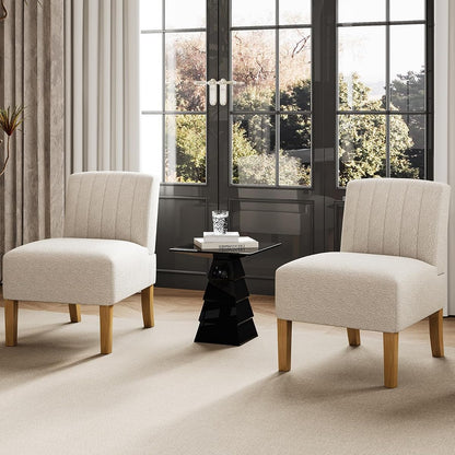 Armless Accent Chairs Set of 2 for Bedroom, Bedroom Chair for Bedroom Living Room Chair with Solid Wood Legs, Makeup Vanity Chair Fabric Comfy Upholstered Reading Chair Accent Chair,Beige