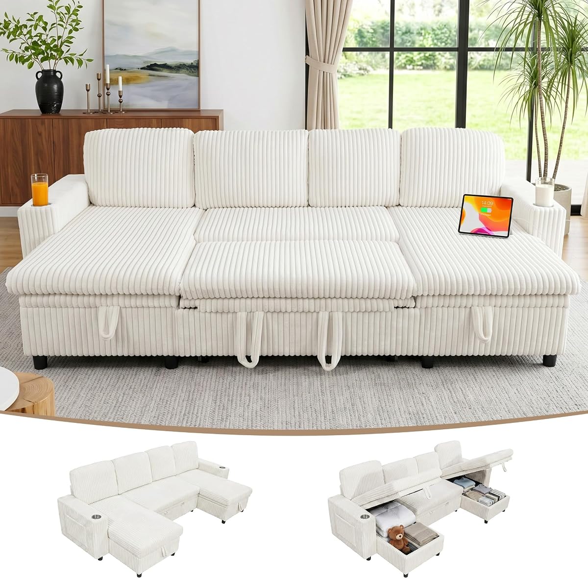 Modular Sectional Sleeper Sofa with Pull Out Bed, Plush Corduroy U Shaped Couch with Storage Chaise, USB Ports, Cup Holders, Comfy Sectional Couches for Living Room, Beige