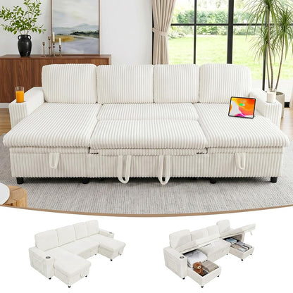 Modular Sectional Sleeper Sofa with Pull Out Bed, Plush Corduroy U Shaped Couch with Storage Chaise, USB Ports, Cup Holders, Comfy Sectional Couches for Living Room, Beige