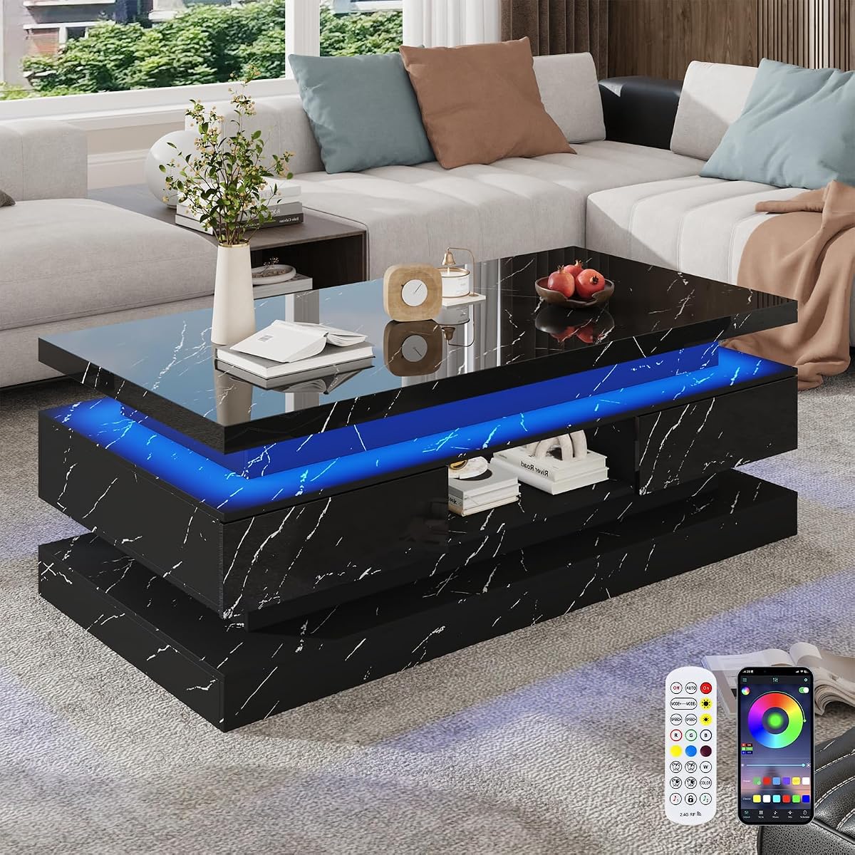 47.2 Inch Modern High Glossy LED Coffee Table with 2 Sliding Drawers, Double-Layer Center Tables with LED Lights for Livings Room Furniture, Black