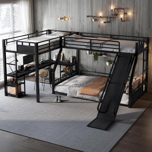 JIVOIT Triple Bunk Bed with Slide & Desk, Storage Shelves, L-Shaped Metal Bunk Bed with Loft Bed, Space-Saving Twin XL Over Queen Metal Triple Bed, Quiet Design, No Box Spring Required