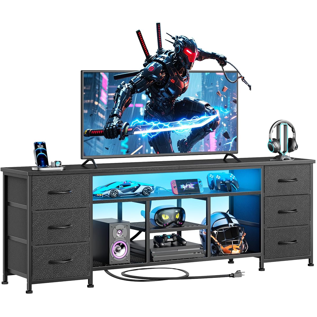 LED TV Stand for 65, 70, 80 Inch TV, 71 Inch Entertainment Center with Power Outlets, 6 Fabric Drawers Dresser for Bedroom, Media Console with Open Shelves, PU Leather Surface, Black