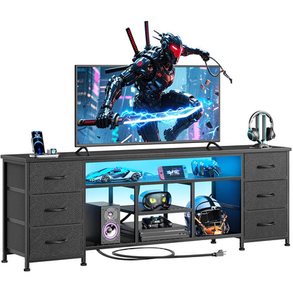 LED TV Stand for 65, 70, 80 Inch TV, 71 Inch Entertainment Center with Power Outlets, 6 Fabric Drawers Dresser for Bedroom, Media Console with Open Shelves, PU Leather Surface, Black