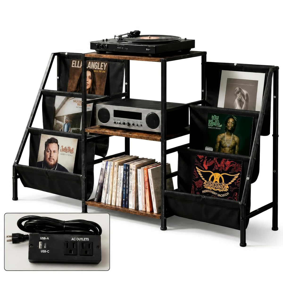 Record Player Stand with Storage, Vinyl Record Holder with Power Outlet