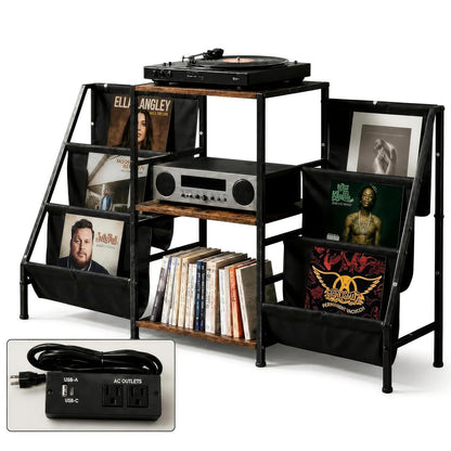 Record Player Stand with Storage, Vinyl Record Holder with Power Outlet