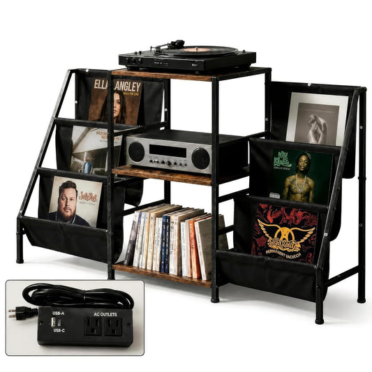 Record Player Stand with Storage, Vinyl Record Holder with Power Outlet