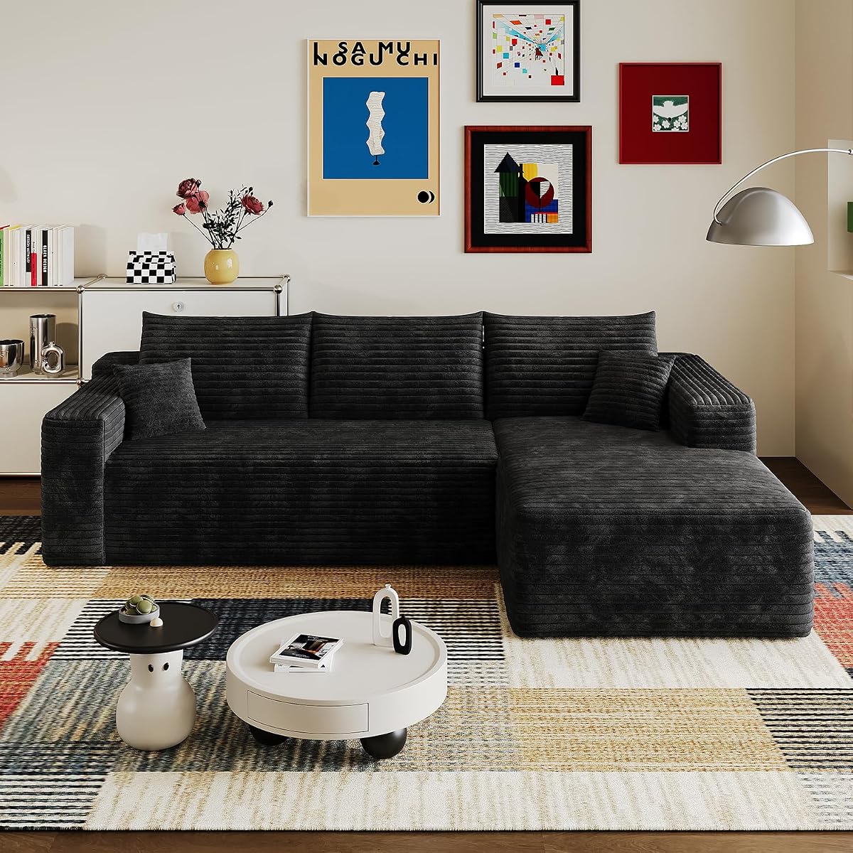 96” L - Shape Boneless Modular Sectional Cloud Couch with Chaise - Modern Comfy Corduroy Compressed couches for Living Room - Memory Foam Sofa, No Assembly Required (Black)