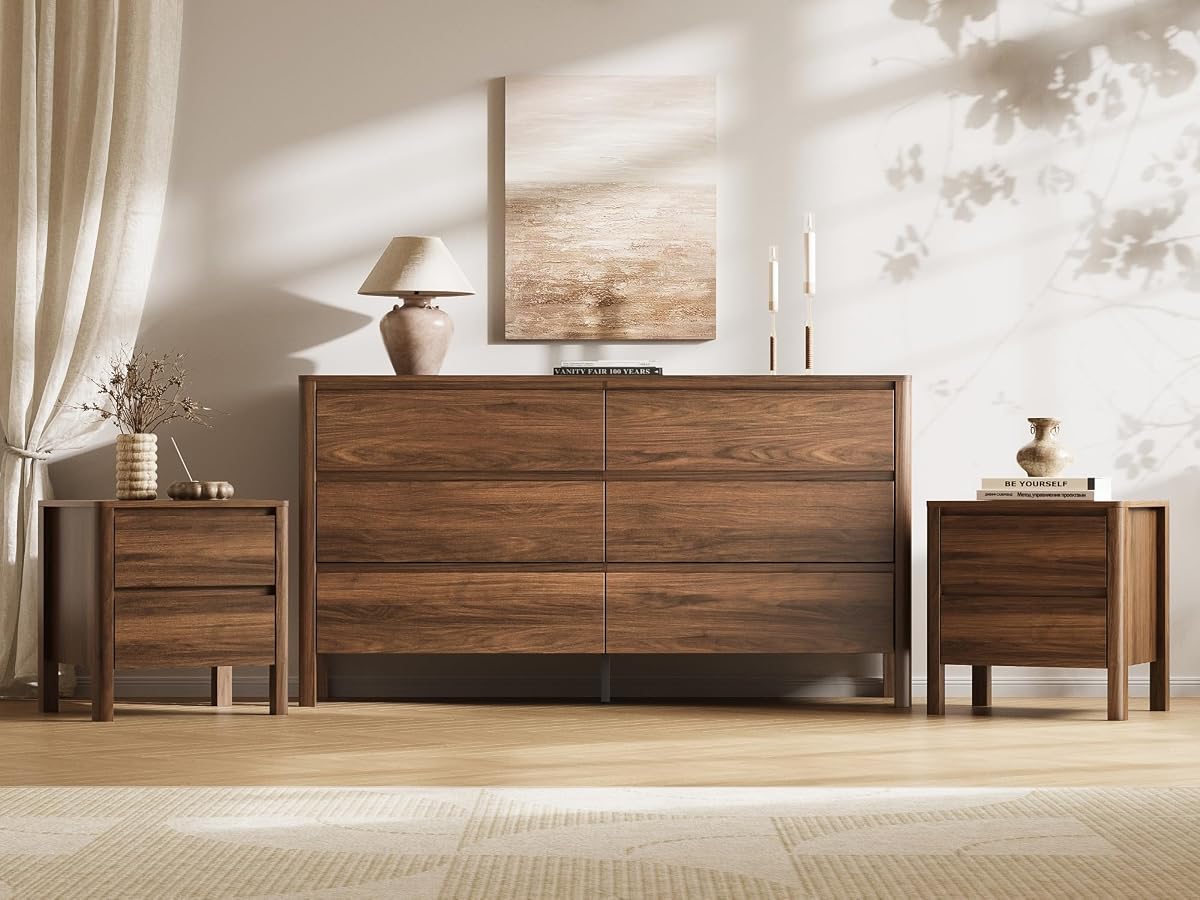 Walnut 3-Piece Bedroom Set, 6-Drawer Dresser & 2-Drawer Nightstands