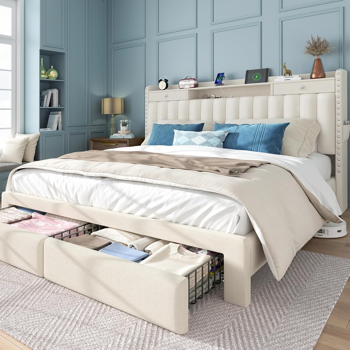 King Bed Frame and Headboard & 4 Storage Drawers, Built-in Charging Station